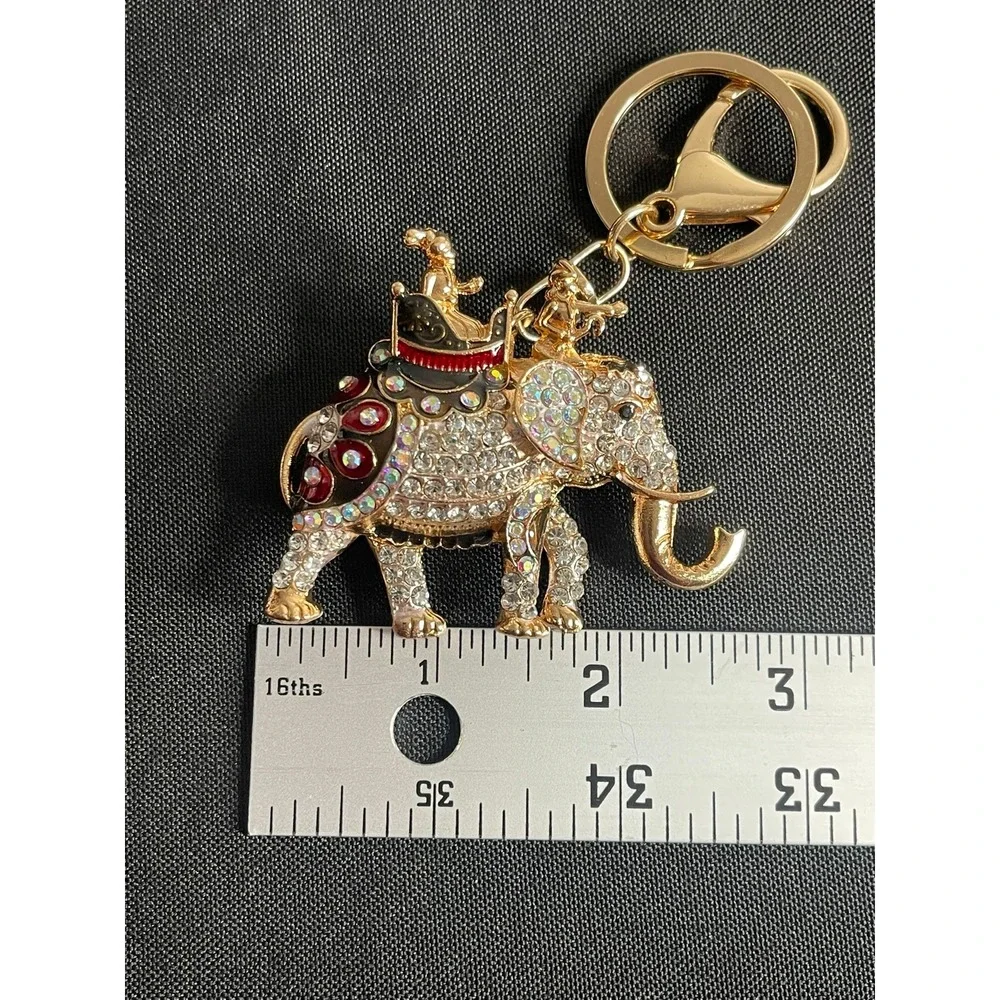 Gold Tone Rhinestone Elephant Keychain Bag Charm Crystal Enamel Heart Back